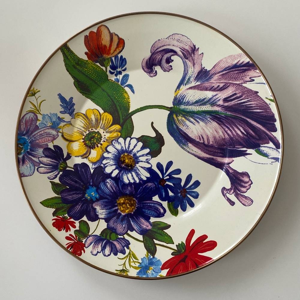 Mackenzie Childs White Flower Market Enamel Dinner Plate